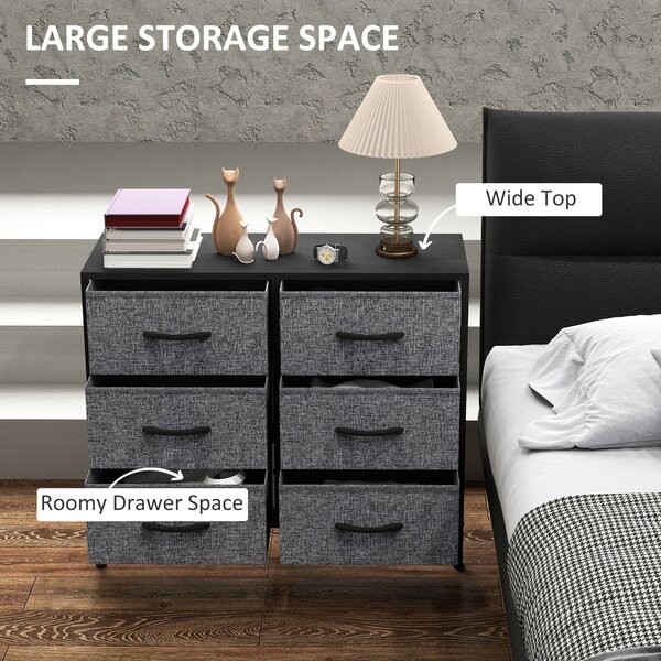 HOMCOM Fabric Chest of Drawers, Industrial Storage Bedroom Dresser with 6 Fabric Drawers, Steel Frame and Wooden Top for Nursery, Living Room, Hallway, Black