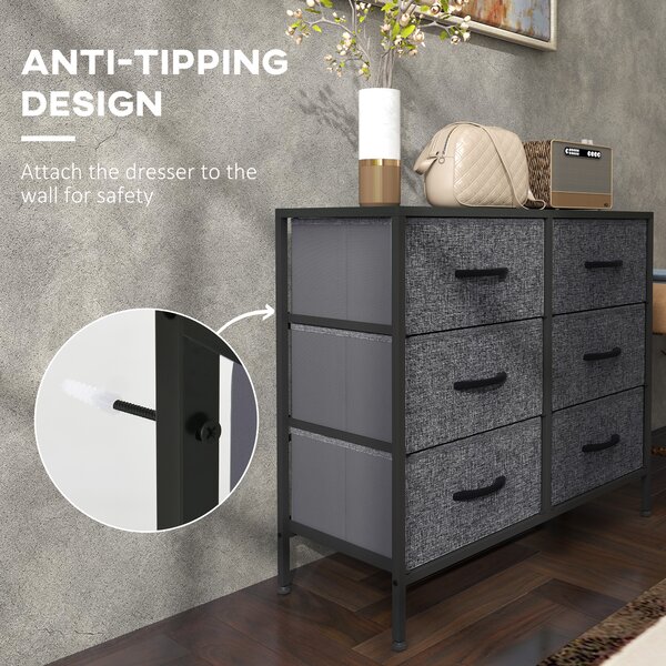 HOMCOM Fabric Chest of Drawers, Industrial Storage Bedroom Dresser with 6 Fabric Drawers, Steel Frame and Wooden Top for Nursery, Living Room, Hallway, Black