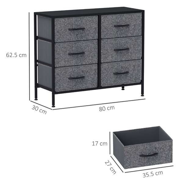 HOMCOM Fabric Chest of Drawers, Industrial Storage Bedroom Dresser with 6 Fabric Drawers, Steel Frame and Wooden Top for Nursery, Living Room, Hallway, Black
