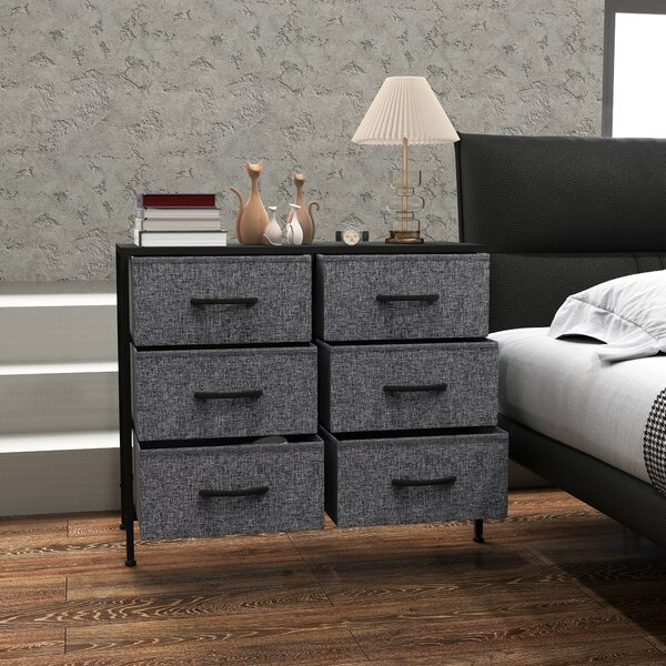 HOMCOM Fabric Chest of Drawers, Industrial Storage Bedroom Dresser with 6 Fabric Drawers, Steel Frame and Wooden Top for Nursery, Living Room, Hallway, Black