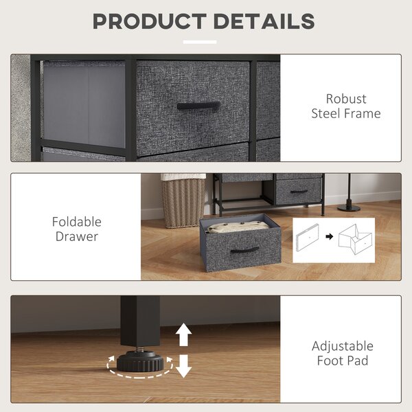 HOMCOM Fabric Chest of Drawers, Industrial Storage Bedroom Dresser with 6 Fabric Drawers, Steel Frame and Wooden Top for Nursery, Living Room, Hallway, Black