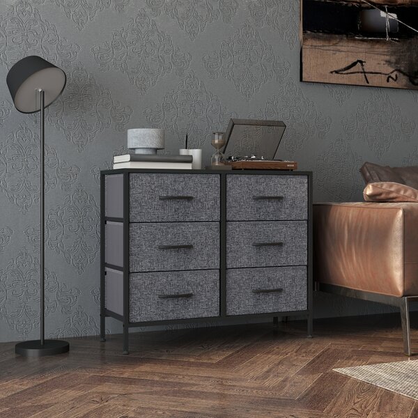HOMCOM Fabric Chest of Drawers, Industrial Storage Bedroom Dresser with 6 Fabric Drawers, Steel Frame and Wooden Top for Nursery, Living Room, Hallway, Black