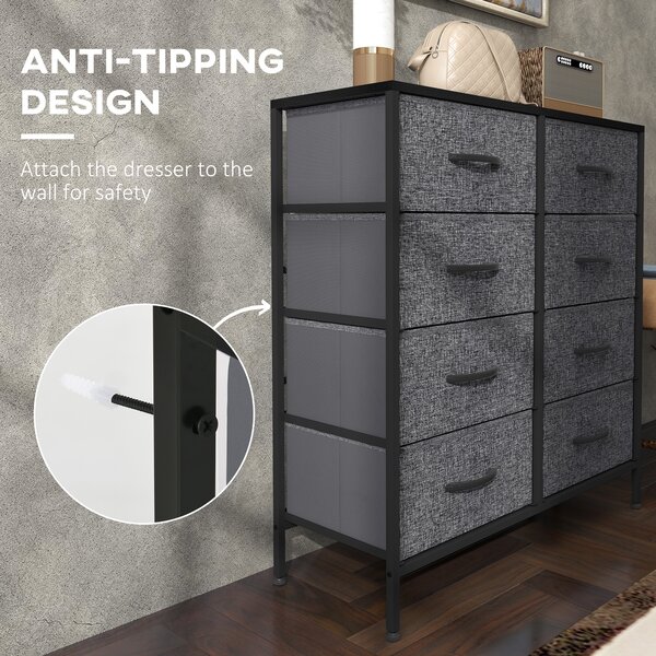 HOMCOM Fabric Chest of Drawers, Industrial Storage Bedroom Dresser with 8 Fabric Drawers, Steel Frame and Wooden Top for Nursery, Living Room, Hallway, Black