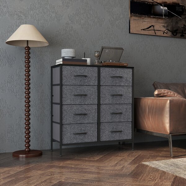 HOMCOM Fabric Chest of Drawers, Industrial Storage Bedroom Dresser with 8 Fabric Drawers, Steel Frame and Wooden Top for Nursery, Living Room, Hallway, Black