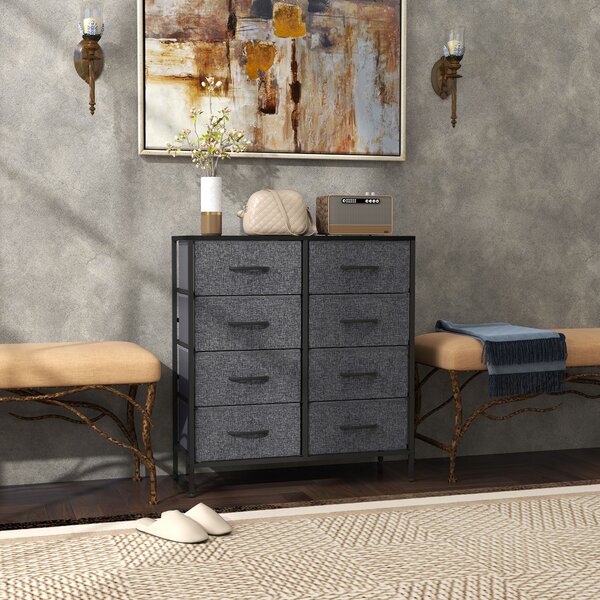HOMCOM Fabric Chest of Drawers, Industrial Storage Bedroom Dresser with 8 Fabric Drawers, Steel Frame and Wooden Top for Nursery, Living Room, Hallway, Black