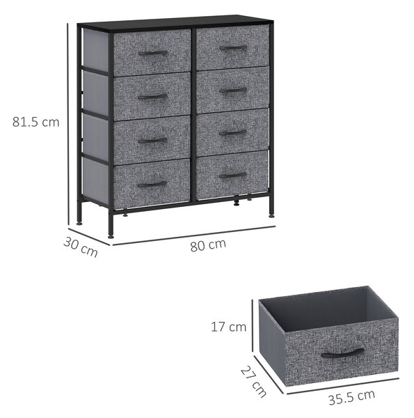 HOMCOM Fabric Chest of Drawers, Industrial Storage Bedroom Dresser with 8 Fabric Drawers, Steel Frame and Wooden Top for Nursery, Living Room, Hallway, Black