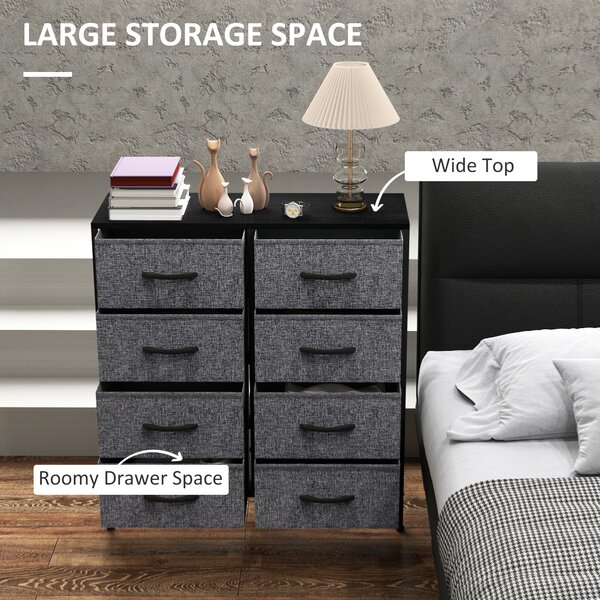 HOMCOM Fabric Chest of Drawers, Industrial Storage Bedroom Dresser with 8 Fabric Drawers, Steel Frame and Wooden Top for Nursery, Living Room, Hallway, Black