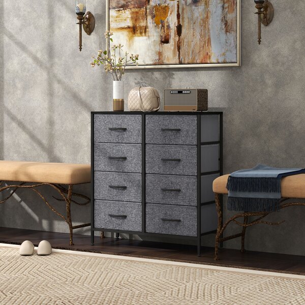 HOMCOM Fabric Chest of Drawers, Industrial Storage Bedroom Dresser with 8 Fabric Drawers, Steel Frame and Wooden Top for Nursery, Living Room, Hallway, Black