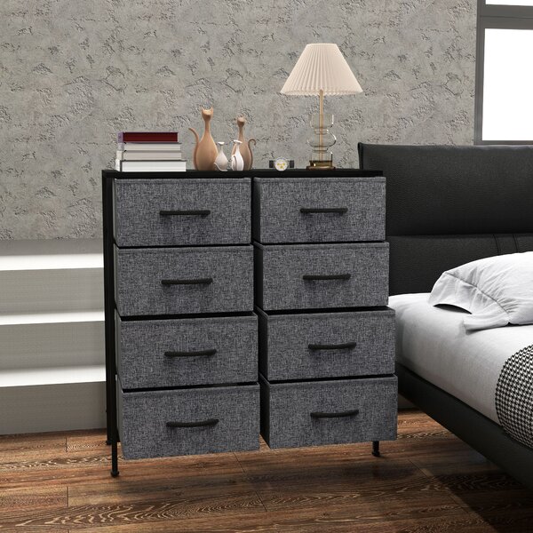 HOMCOM Fabric Chest of Drawers, Industrial Storage Bedroom Dresser with 8 Fabric Drawers, Steel Frame and Wooden Top for Nursery, Living Room, Hallway, Black