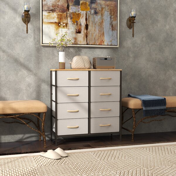 HOMCOM Fabric Chest of Drawers, Industrial Storage Bedroom Dresser with 8 Fabric Drawers, Steel Frame and Wooden Top for Nursery, Living Room, Hallway, Cream White