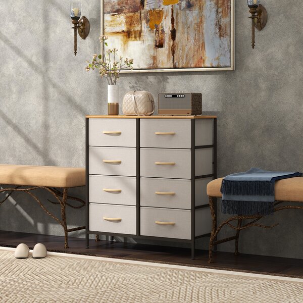 HOMCOM Fabric Chest of Drawers, Industrial Storage Bedroom Dresser with 8 Fabric Drawers, Steel Frame and Wooden Top for Nursery, Living Room, Hallway, Cream White