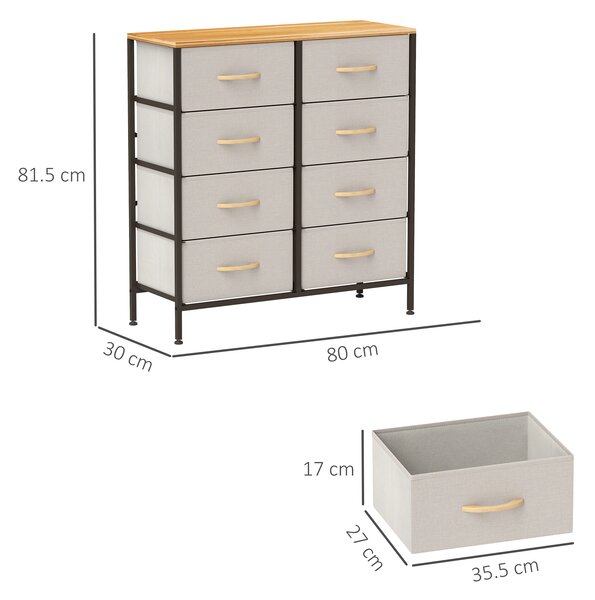 HOMCOM Fabric Chest of Drawers, Industrial Storage Bedroom Dresser with 8 Fabric Drawers, Steel Frame and Wooden Top for Nursery, Living Room, Hallway, Cream White