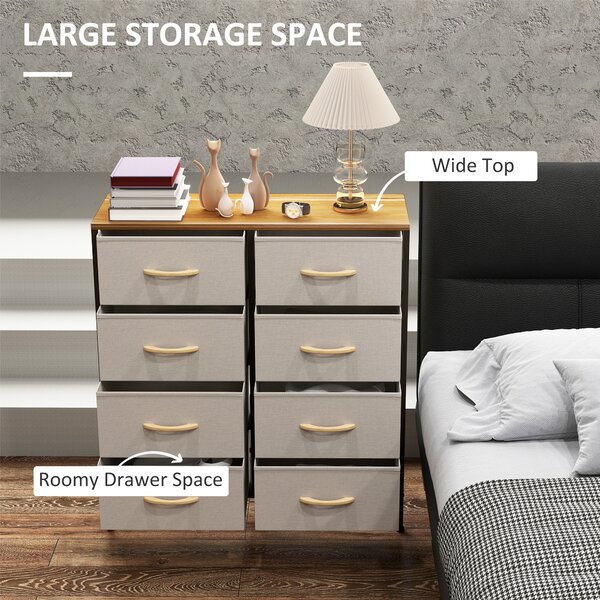 HOMCOM Fabric Chest of Drawers, Industrial Storage Bedroom Dresser with 8 Fabric Drawers, Steel Frame and Wooden Top for Nursery, Living Room, Hallway, Cream White