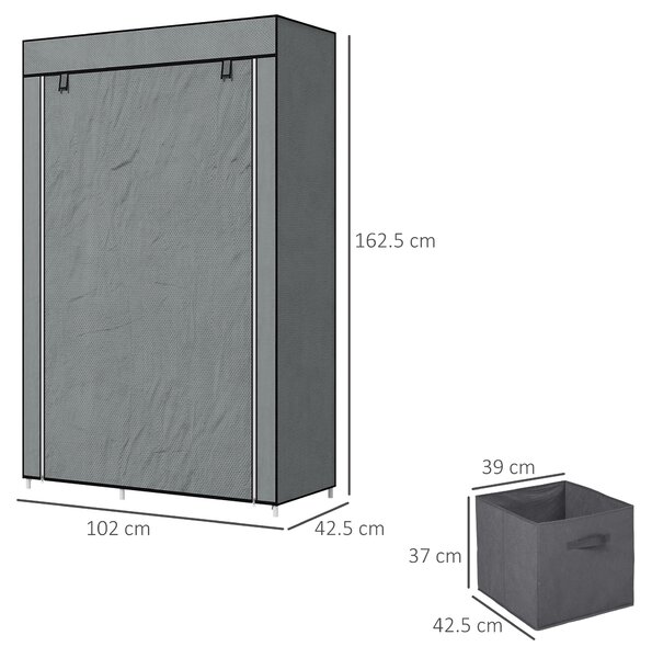 HOMCOM Fabric Wardrobe, Portable Wardrobe, Clothes Storage Unit with 5 Compartments, Hanging Rail and 2 Fabric Drawers, 102 x 42.5 x 162.5cm, Dark Grey