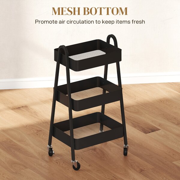 HOMCOM 3-Tier Storage Trolley on Wheels - Black