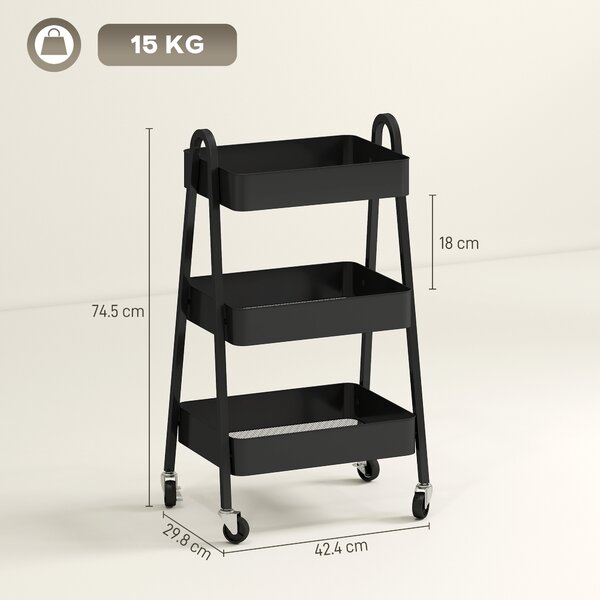HOMCOM 3-Tier Storage Trolley on Wheels - Black