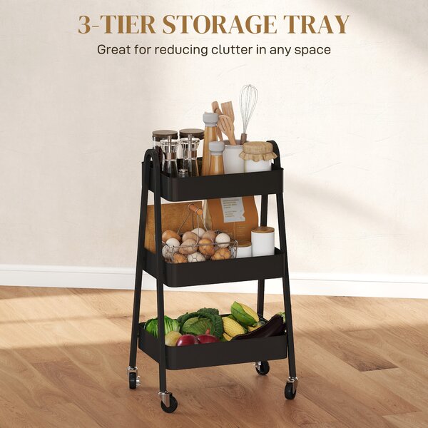 HOMCOM 3-Tier Storage Trolley on Wheels - Black