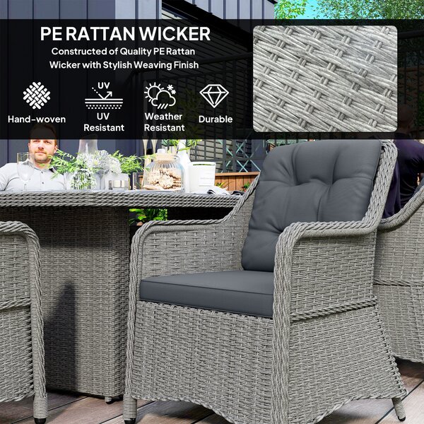 Outsunny 6 Seater Rattan Dining Set, Round PE Rattan Garden Furniture Set with Seat and Back Cushions, Aluminium Dining Table and Chairs with Cat Scratch Resistant Material, Grey