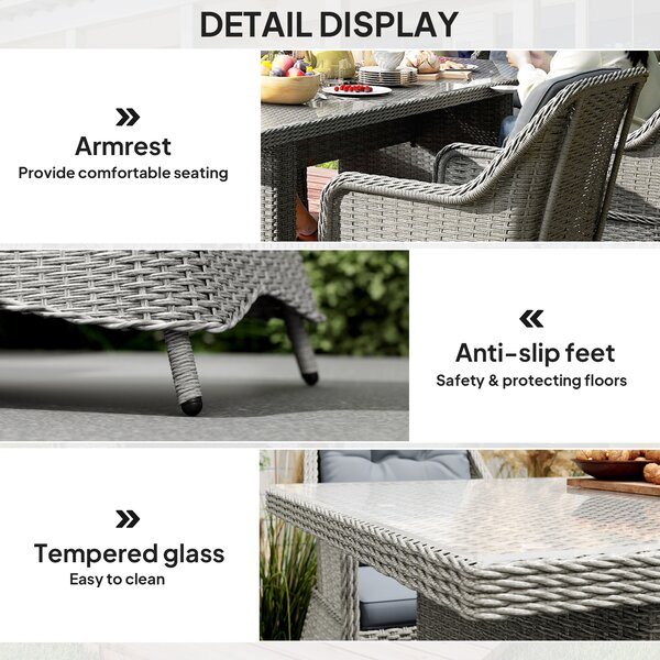 Outsunny 6 Seater Rattan Dining Set, Round PE Rattan Garden Furniture Set with Seat and Back Cushions, Aluminium Dining Table and Chairs with Cat Scratch Resistant Material, Grey