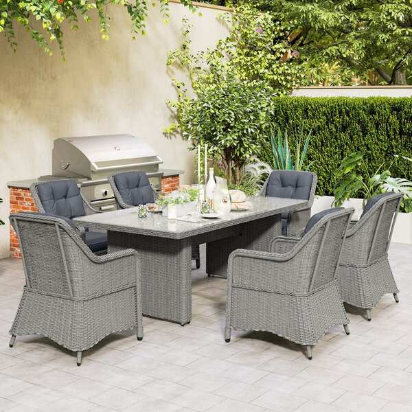 Outsunny 6 Seater Rattan Dining Set, Round PE Rattan Garden Furniture Set with Seat and Back Cushions, Aluminium Dining Table and Chairs with Cat Scratch Resistant Material, Grey