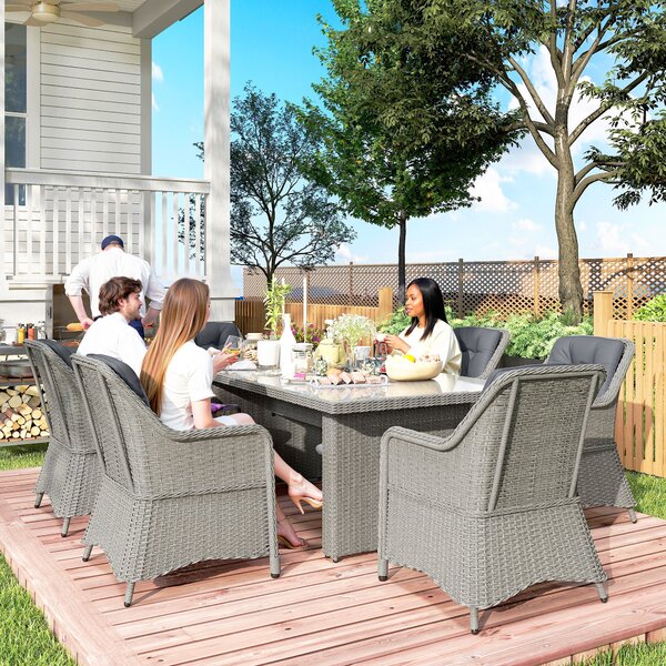 Outsunny 6 Seater Rattan Dining Set, Round PE Rattan Garden Furniture Set with Seat and Back Cushions, Aluminium Dining Table and Chairs with Cat Scratch Resistant Material, Grey