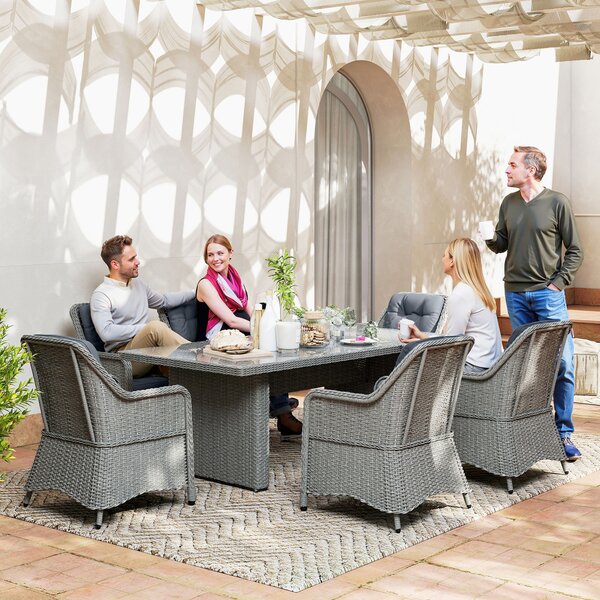 Outsunny 6 Seater Rattan Dining Set, Round PE Rattan Garden Furniture Set with Seat and Back Cushions, Aluminium Dining Table and Chairs with Cat Scratch Resistant Material, Grey