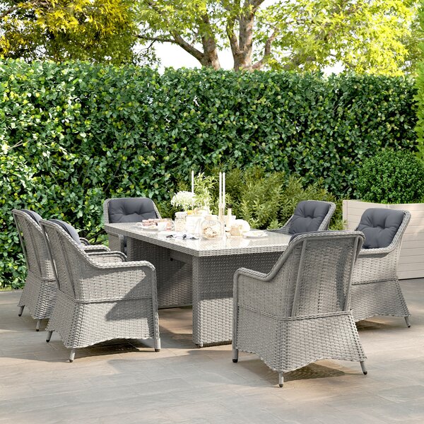 Outsunny 6 Seater Rattan Dining Set, Round PE Rattan Garden Furniture Set with Seat and Back Cushions, Aluminium Dining Table and Chairs with Cat Scratch Resistant Material, Grey