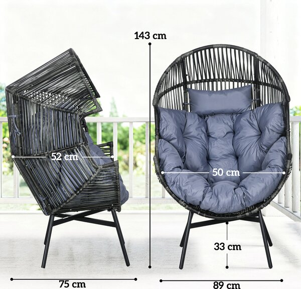 Outsunny PE Rattan Leisure Chair with 14cm Thick Seat Cushion, Steel Frame Garden Egg Chair with Comfortable Headrest, Adjustable Feet, Mixed Grey