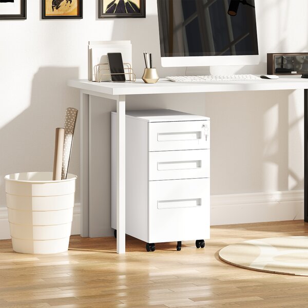 Vinsetto Metal Mobile File Cabinet with Wheels, Lockable 3 Drawer Filing Cabinet for A4, Legal, Letter, Under Desk Office Cabinet with Pre-Assembled Body for Home Office, 30 x 43.5 x 60 cm, White