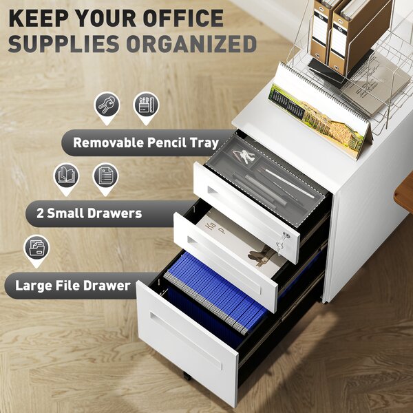 Vinsetto Metal Mobile File Cabinet with Wheels, Lockable 3 Drawer Filing Cabinet for A4, Legal, Letter, Under Desk Office Cabinet with Pre-Assembled Body for Home Office, 30 x 43.5 x 60 cm, White