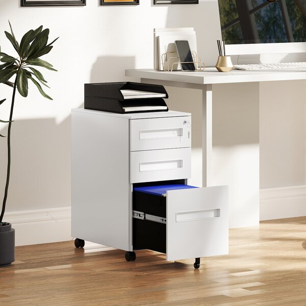 Vinsetto Metal Mobile File Cabinet with Wheels, Lockable 3 Drawer Filing Cabinet for A4, Legal, Letter, Under Desk Office Cabinet with Pre-Assembled Body for Home Office, 30 x 43.5 x 60 cm, White