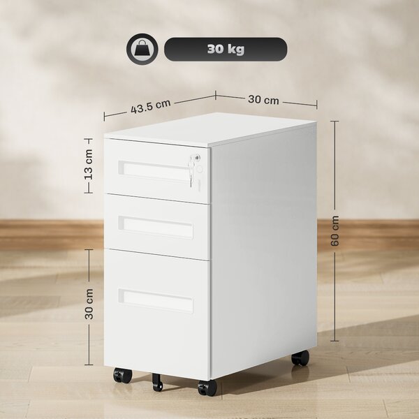 Vinsetto Metal Mobile File Cabinet with Wheels, Lockable 3 Drawer Filing Cabinet for A4, Legal, Letter, Under Desk Office Cabinet with Pre-Assembled Body for Home Office, 30 x 43.5 x 60 cm, White