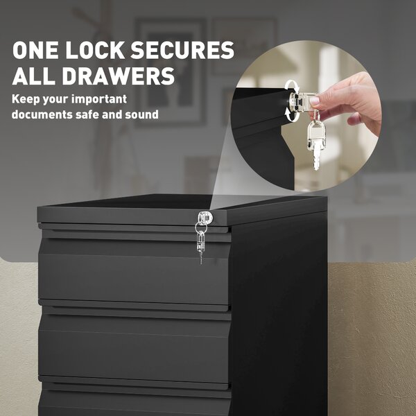 Vinsetto 3-Drawer Steel Filing Cabinet with Lock and Wheels - Black