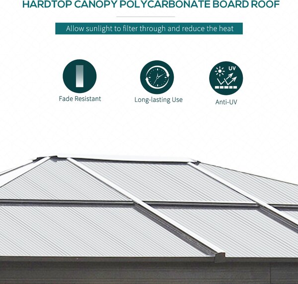 Outsunny 3.6 x 3(m) Hardtop Gazebo Canopy with Polycarbonate Roof and Aluminium Frame, Garden Pavilion with Mosquito Netting and Curtains, Brown