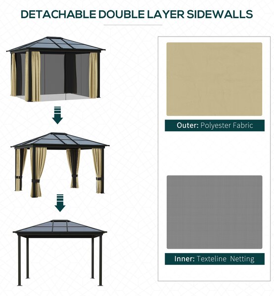 Outsunny 3.6 x 3(m) Hardtop Gazebo Canopy with Polycarbonate Roof and Aluminium Frame, Garden Pavilion with Mosquito Netting and Curtains, Brown