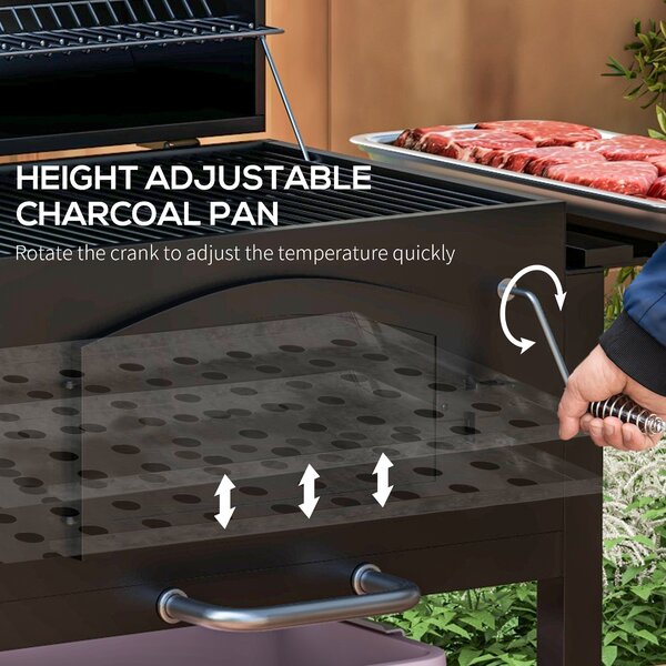 Outsunny Charcoal Barbecue Grill Trolley Garden Smoker with Shelves, Adjustable Height, Thermometer on Lid, Opener and Wheels Aosom UK
