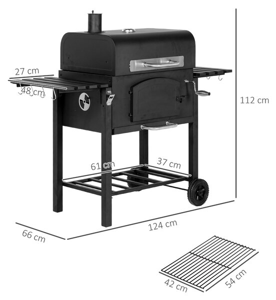 Outsunny Charcoal Barbecue Grill Trolley Garden Smoker with Shelves, Adjustable Height, Thermometer on Lid, Opener and Wheels Aosom UK