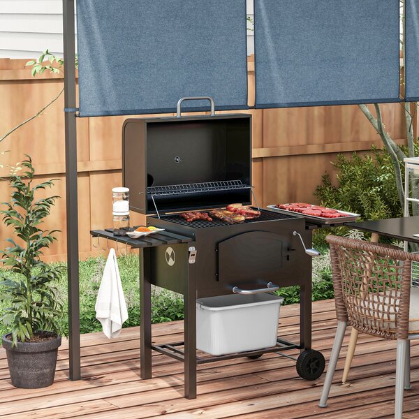 Outsunny Charcoal Barbecue Grill Trolley Garden Smoker with Shelves, Adjustable Height, Thermometer on Lid, Opener and Wheels Aosom UK