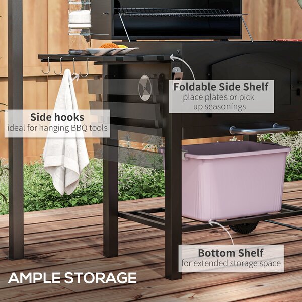 Outsunny Charcoal Barbecue Grill Trolley Garden Smoker with Shelves, Adjustable Height, Thermometer on Lid, Opener and Wheels Aosom UK