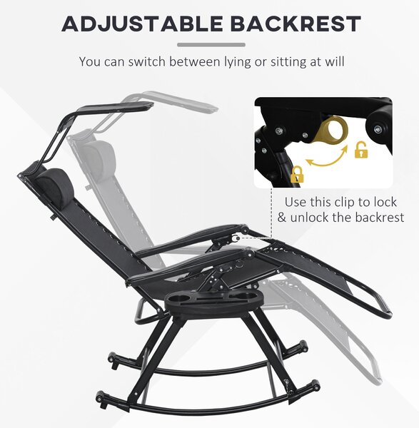 Outsunny Garden Rocking Chair Folding Recliner Outdoor Adjustable Sun Lounger Rocker Zero-Gravity Seat with Headrest Side Holder Patio Deck - Black