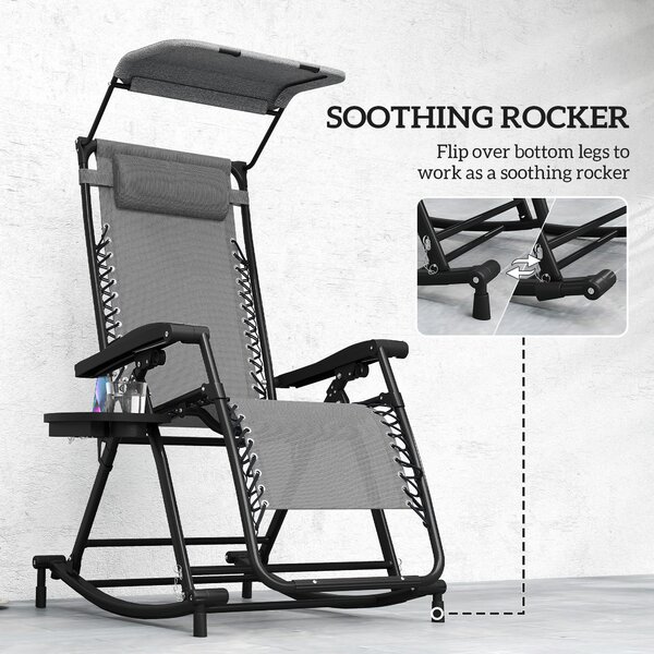 Outsunny Garden Rocking Chair Folding Recliner Outdoor Adjustable Sun Lounger Rocker Zero-Gravity Seat w/ Headrest Side Holder, Grey Aosom UK