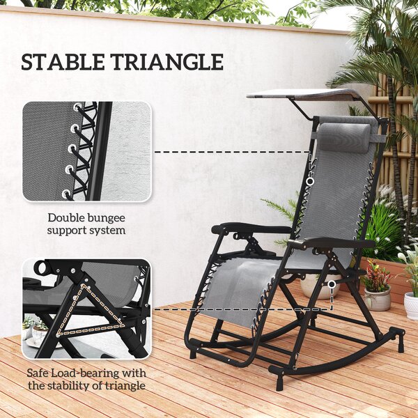 Outsunny Garden Rocking Chair Folding Recliner Outdoor Adjustable Sun Lounger Rocker Zero-Gravity Seat w/ Headrest Side Holder, Grey Aosom UK