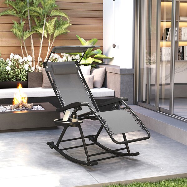 Outsunny Garden Rocking Chair Folding Recliner Outdoor Adjustable Sun Lounger Rocker Zero-Gravity Seat w/ Headrest Side Holder, Grey Aosom UK