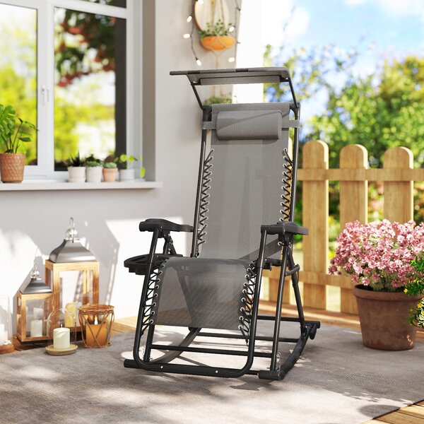 Outsunny Garden Rocking Chair Folding Recliner Outdoor Adjustable Sun Lounger Rocker Zero-Gravity Seat w/ Headrest Side Holder, Grey Aosom UK