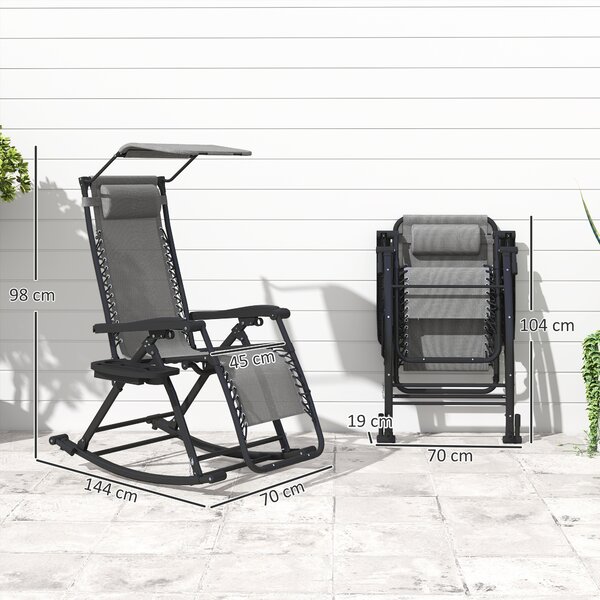 Outsunny Garden Rocking Chair Folding Recliner Outdoor Adjustable Sun Lounger Rocker Zero-Gravity Seat w/ Headrest Side Holder, Grey Aosom UK