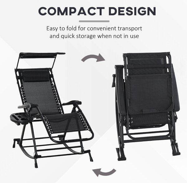 Outsunny Garden Rocking Chair Folding Recliner Outdoor Adjustable Sun Lounger Rocker Zero-Gravity Seat with Headrest Side Holder Patio Deck - Black