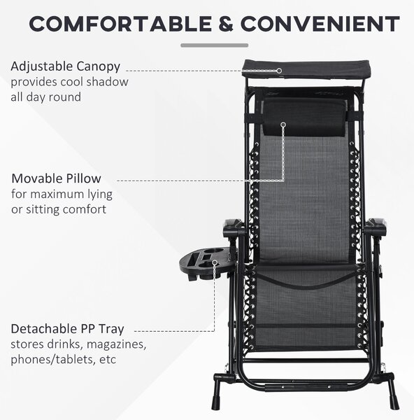 Outsunny Garden Rocking Chair Folding Recliner Outdoor Adjustable Sun Lounger Rocker Zero-Gravity Seat with Headrest Side Holder Patio Deck - Black
