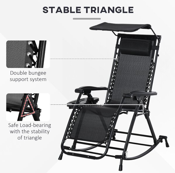 Outsunny Garden Rocking Chair Folding Recliner Outdoor Adjustable Sun Lounger Rocker Zero-Gravity Seat with Headrest Side Holder Patio Deck - Black