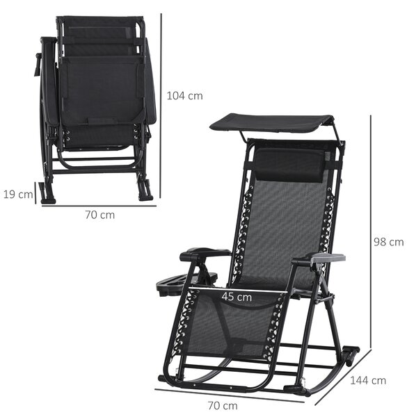 Outsunny Garden Rocking Chair Folding Recliner Outdoor Adjustable Sun Lounger Rocker Zero-Gravity Seat with Headrest Side Holder Patio Deck - Black