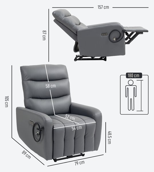 HOMCOM Electric Recliner Armchair with USB + Type C Charge Port, Phone Holder, PU Leather Reclining Chair with Adjustable Leg Rest, Recliner Chair for Home Living Room Theater, Grey